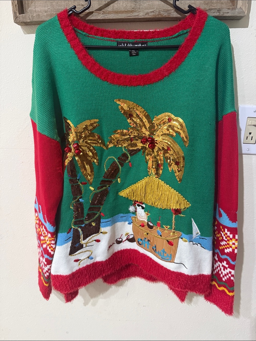 United States Sweaters Tropical Green & Red Sequin Palm Tree Christmas Sweater